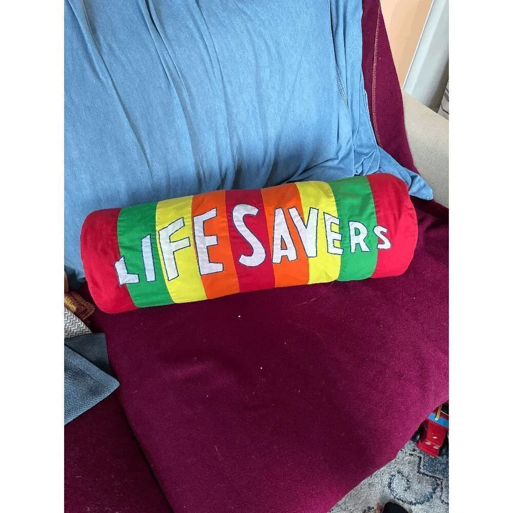 VTG Life Savers Candy Roll Pillow Handmade Quilted Novelty Retro Decor